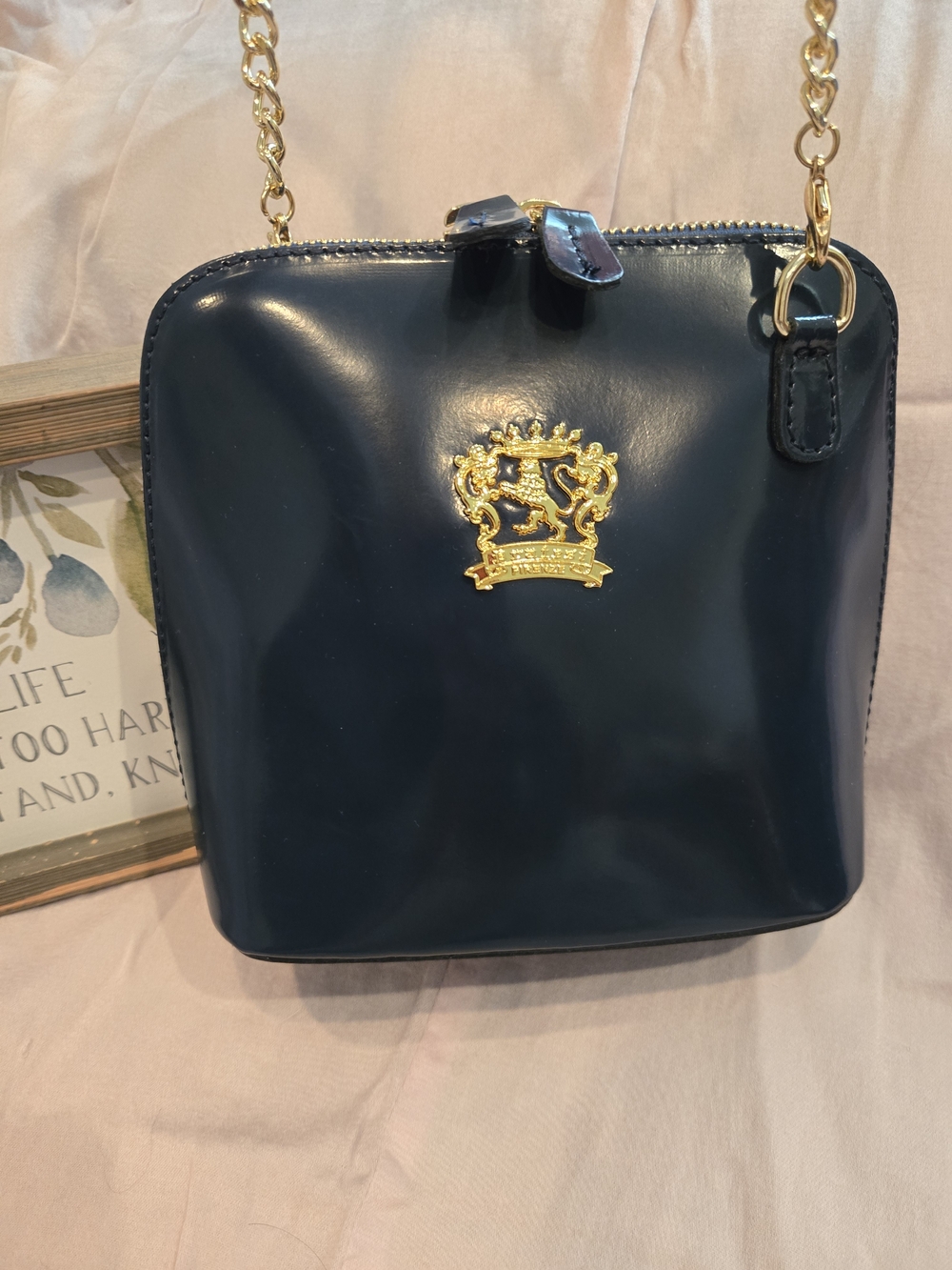 Gold-Crest Patent Navy Crossbody Bag with Chain Strap